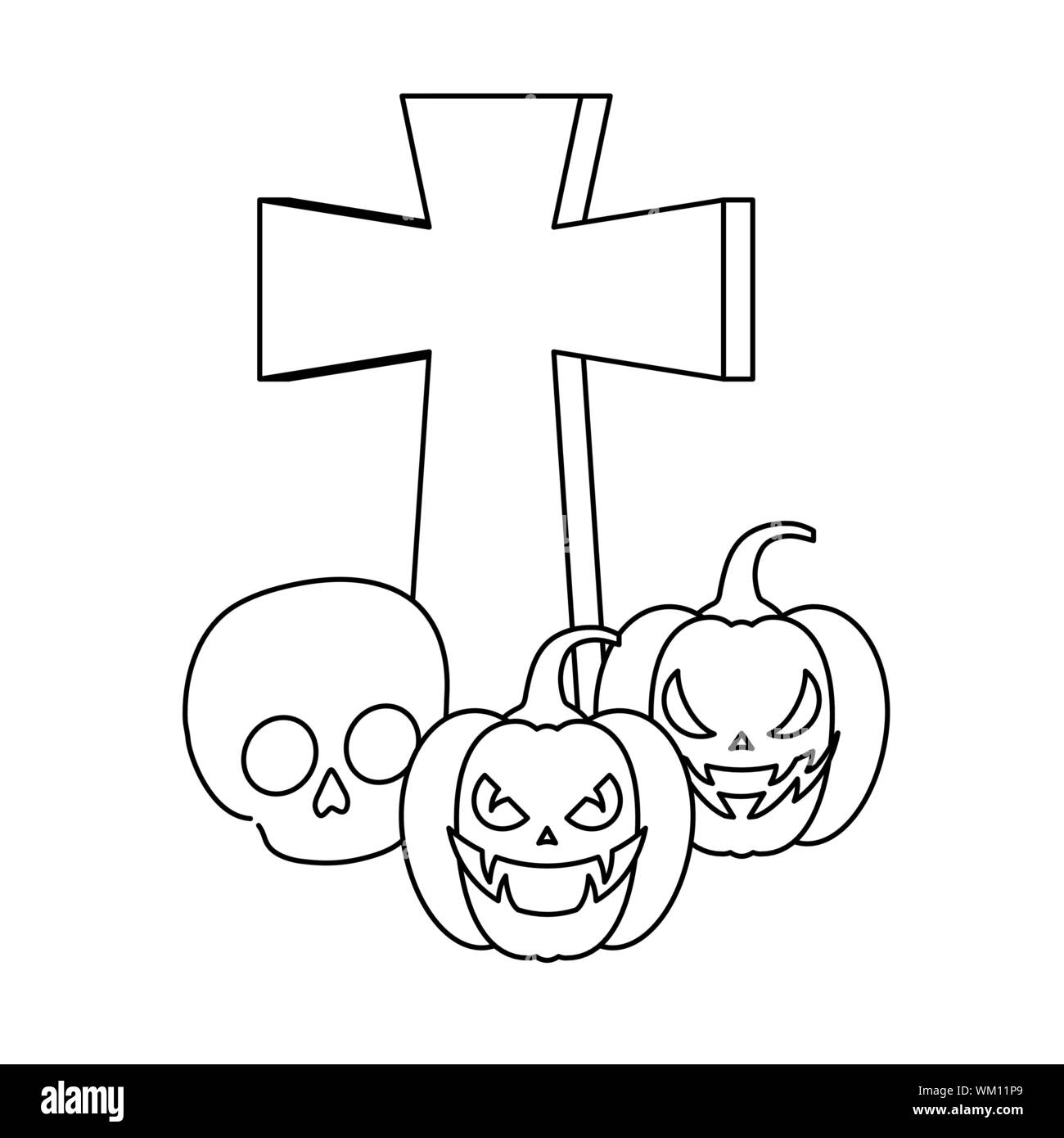 halloween pumpkins with cross and skull vector illustration design ...