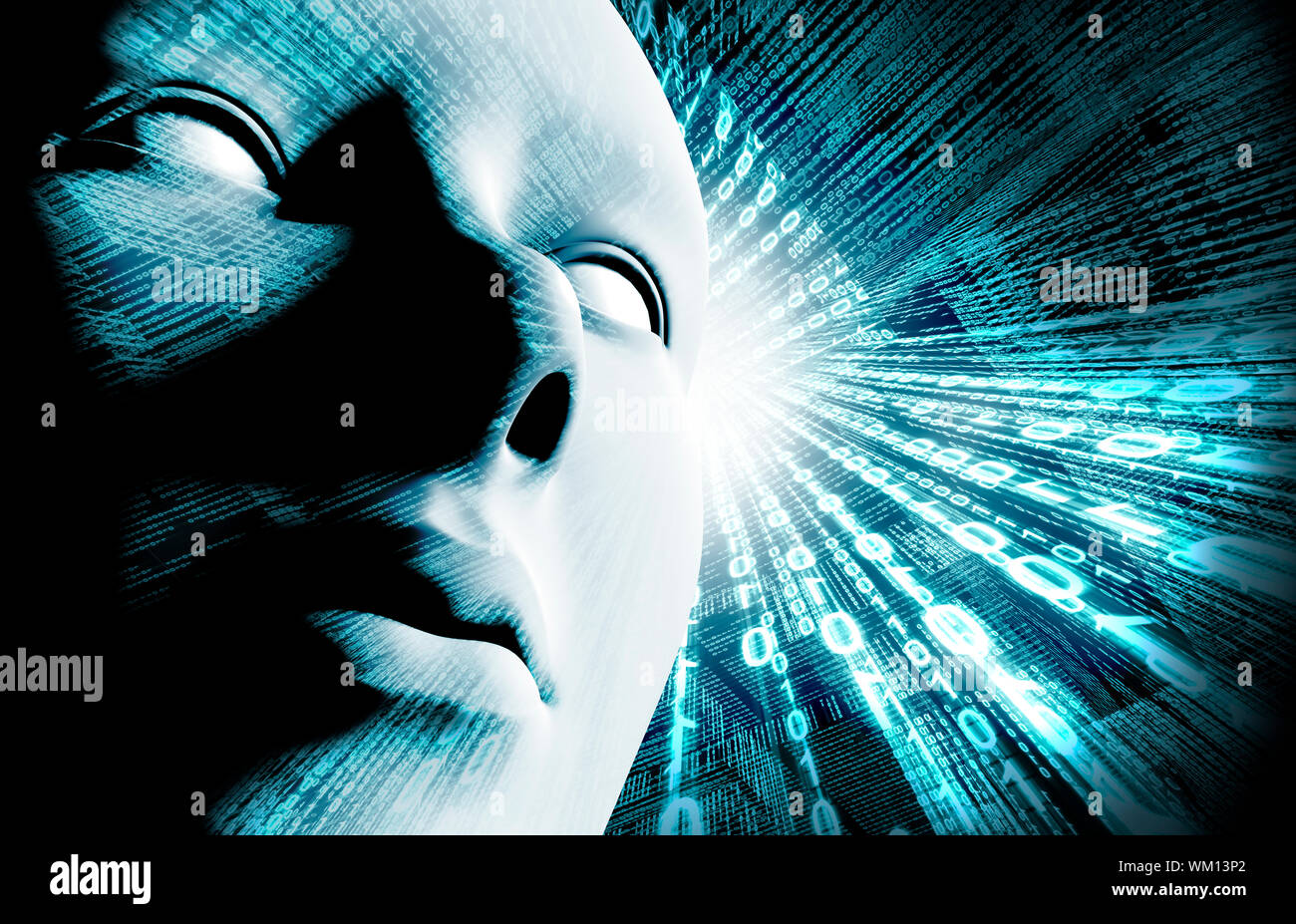 Background with binary code and face. Background of technology and hacker Stock Photo