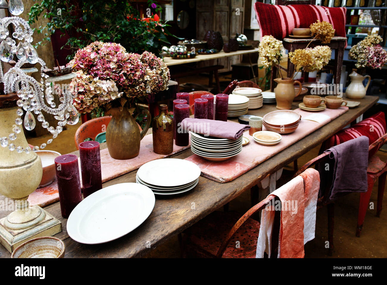 Close up shot of vintage table with crockery. Stock Photo