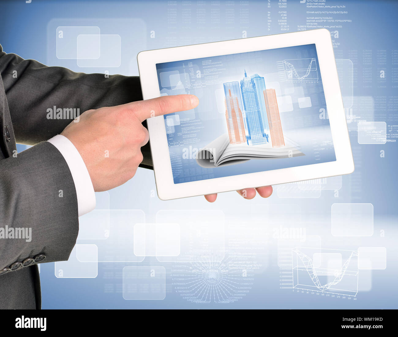 Man hands using tablet pc. Image of wireframe buildings and open book on tablet screen Stock