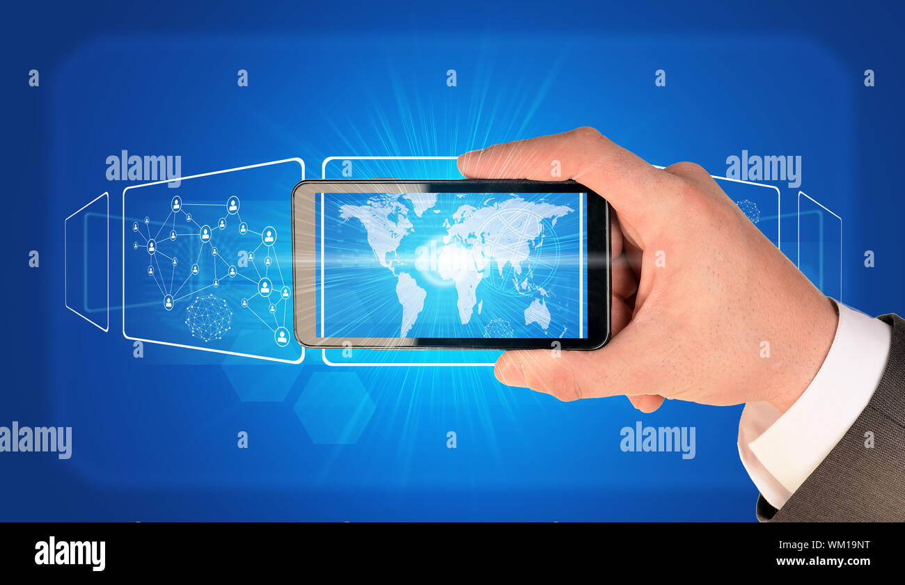 Man hand holding smart phone. Image of world map on phone screen Stock ...