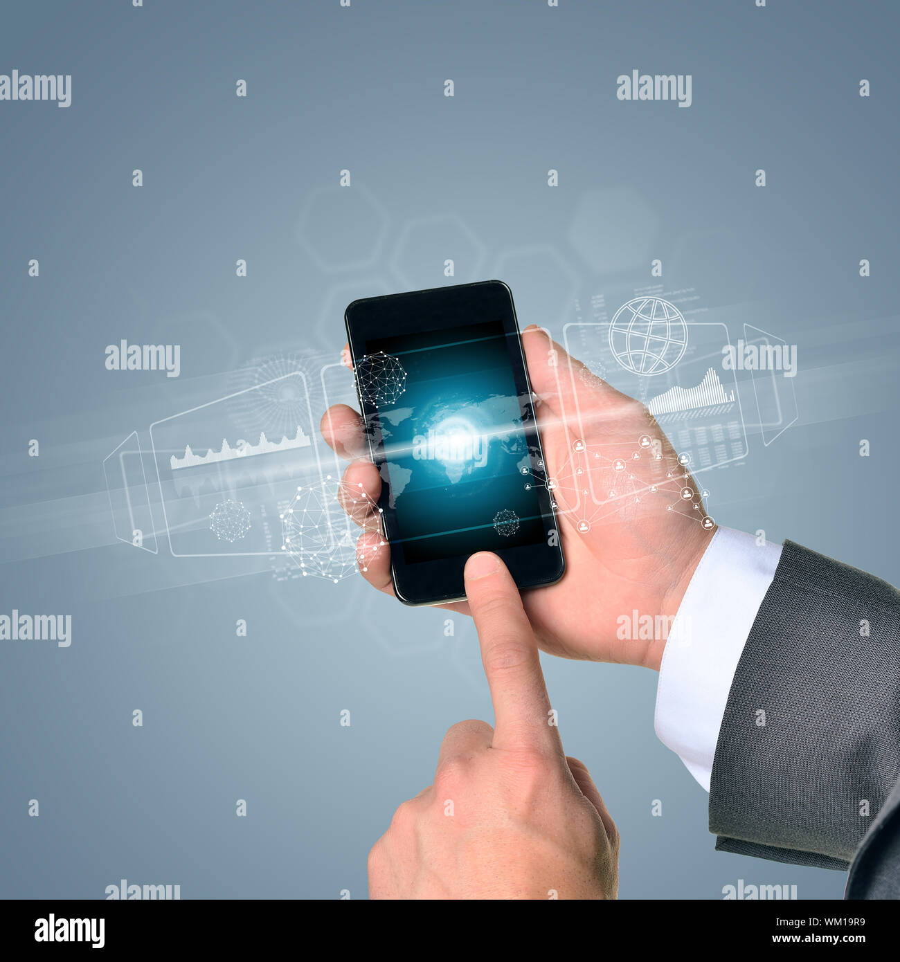Man hand holding smart phone. Image of world map on phone screen Stock ...