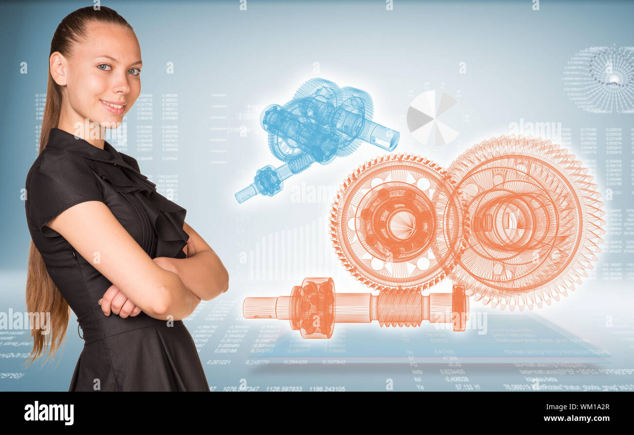 Businesswoman smiling and standing with crossed arms. Glow wire-frame gears on transparent plane Stock Photo