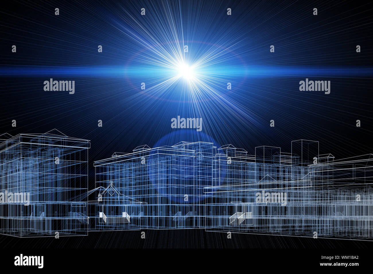 Wire-frame buildings with light on dark background. Construction ...