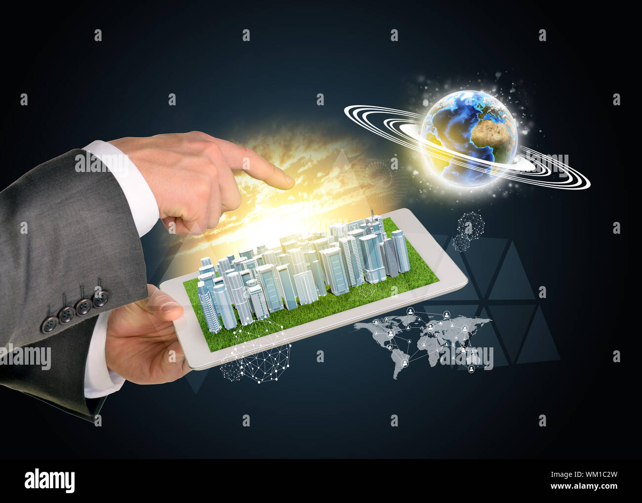 Man hands using tablet pc. Business city on touch screen. Earth near ...