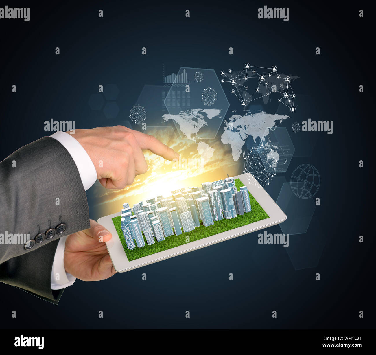 Man hands using tablet pc. Business city on touch screen. Virtual ...