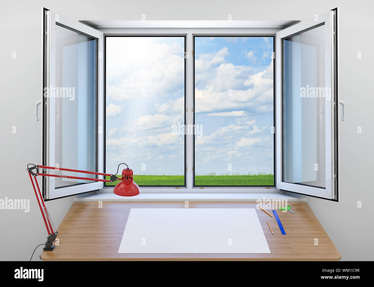 Open window. Outside the window green meadow and sky. In room are