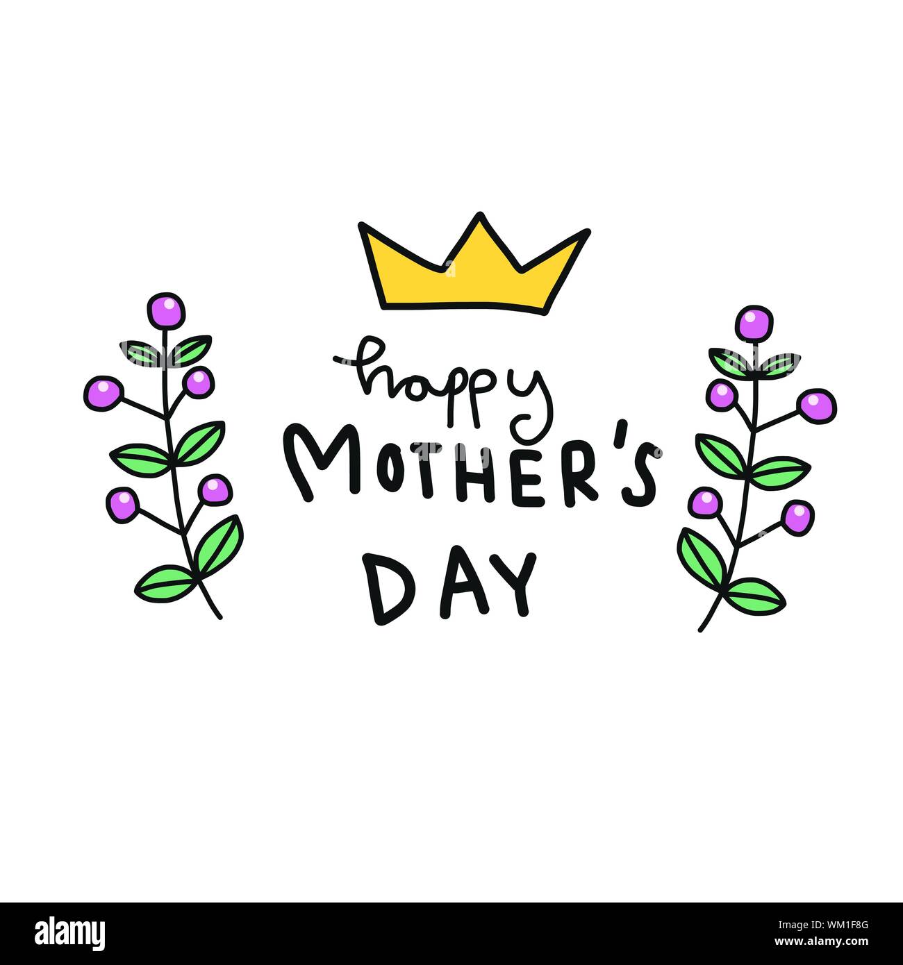 Happy mother day word handwriting with berry and crown frame cartoon ...