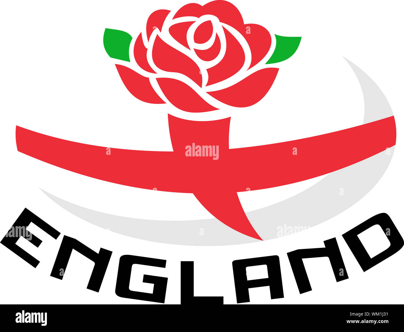 Illustration of a red English rose with flag of England inside rugby ball  and words "England Stock Photo - Alamy