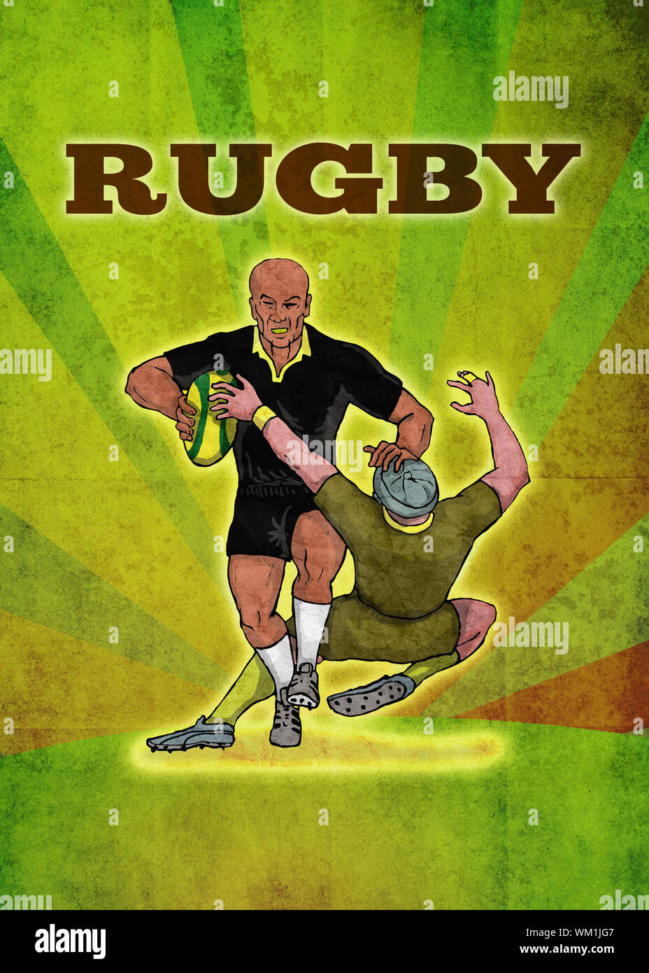 poster illustration of a rugby player running attacking with ball with ...