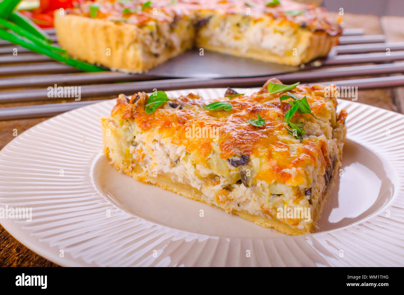 French Quiche with eggplant, leeks and spring onions, bathed in a
