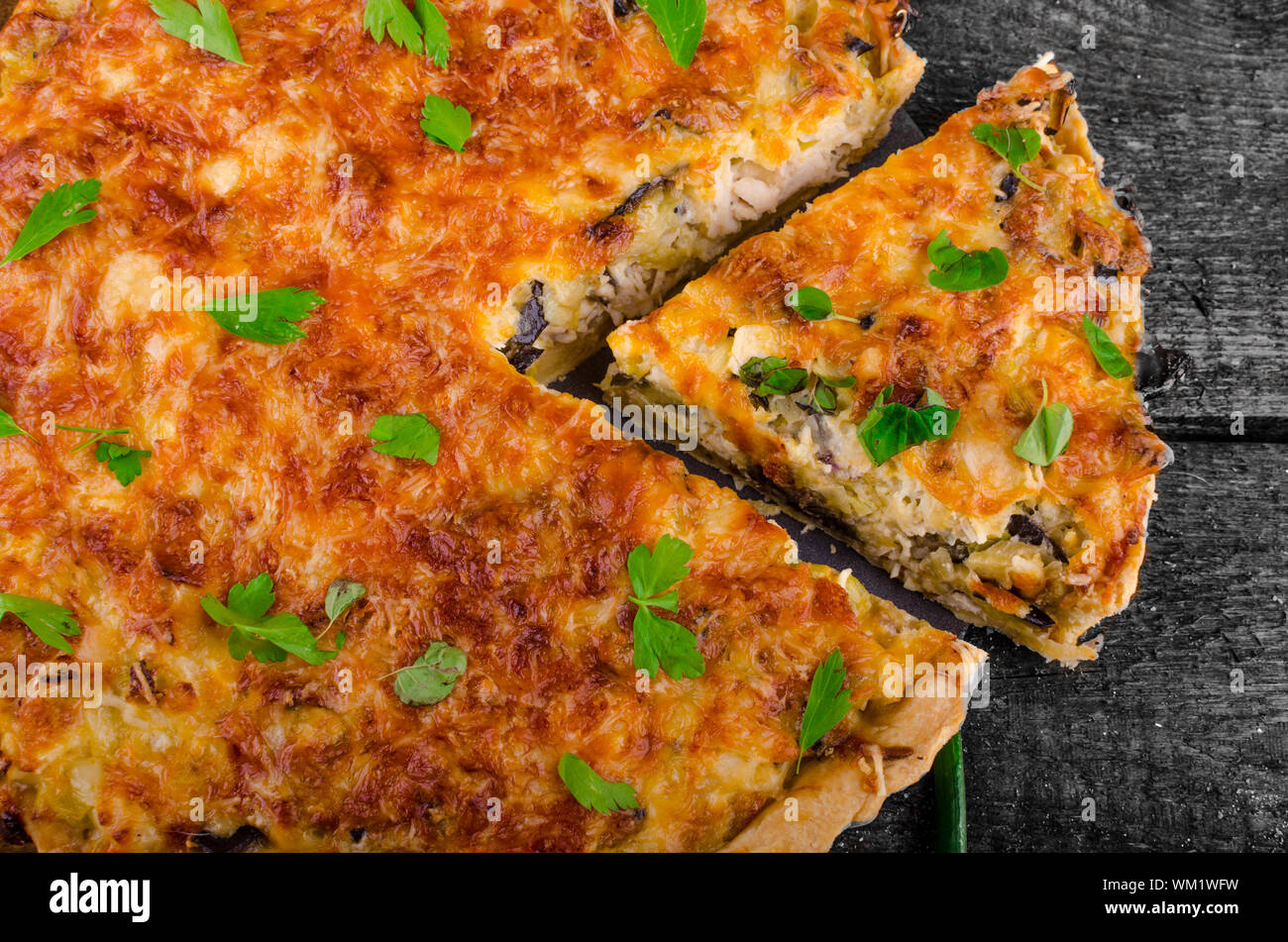 French Quiche with eggplant, leeks and spring onions, bathed in a delicious cream and baked