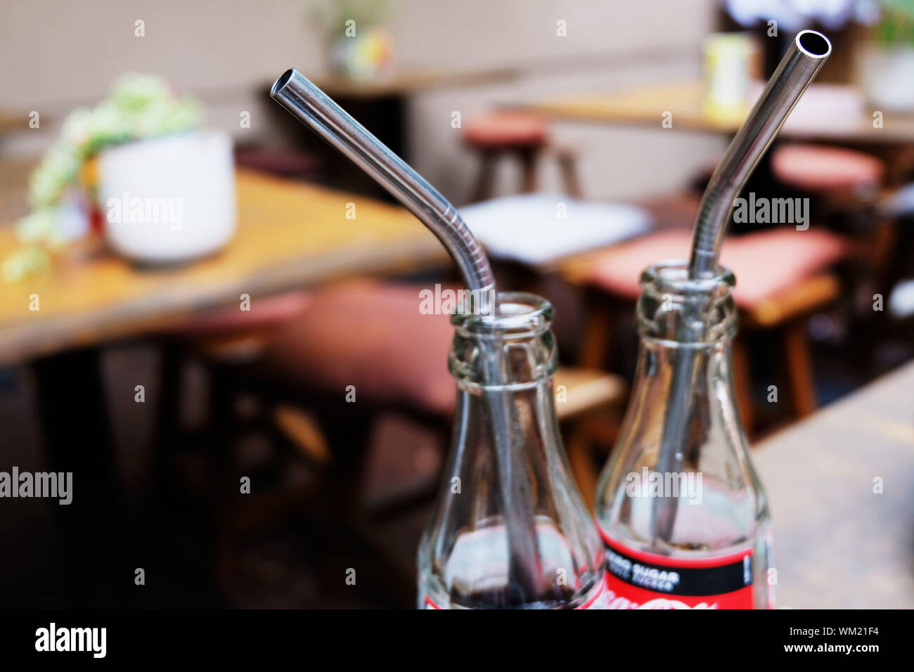 Plastic free world ecology concept. Metal straws in a restaurant or a
