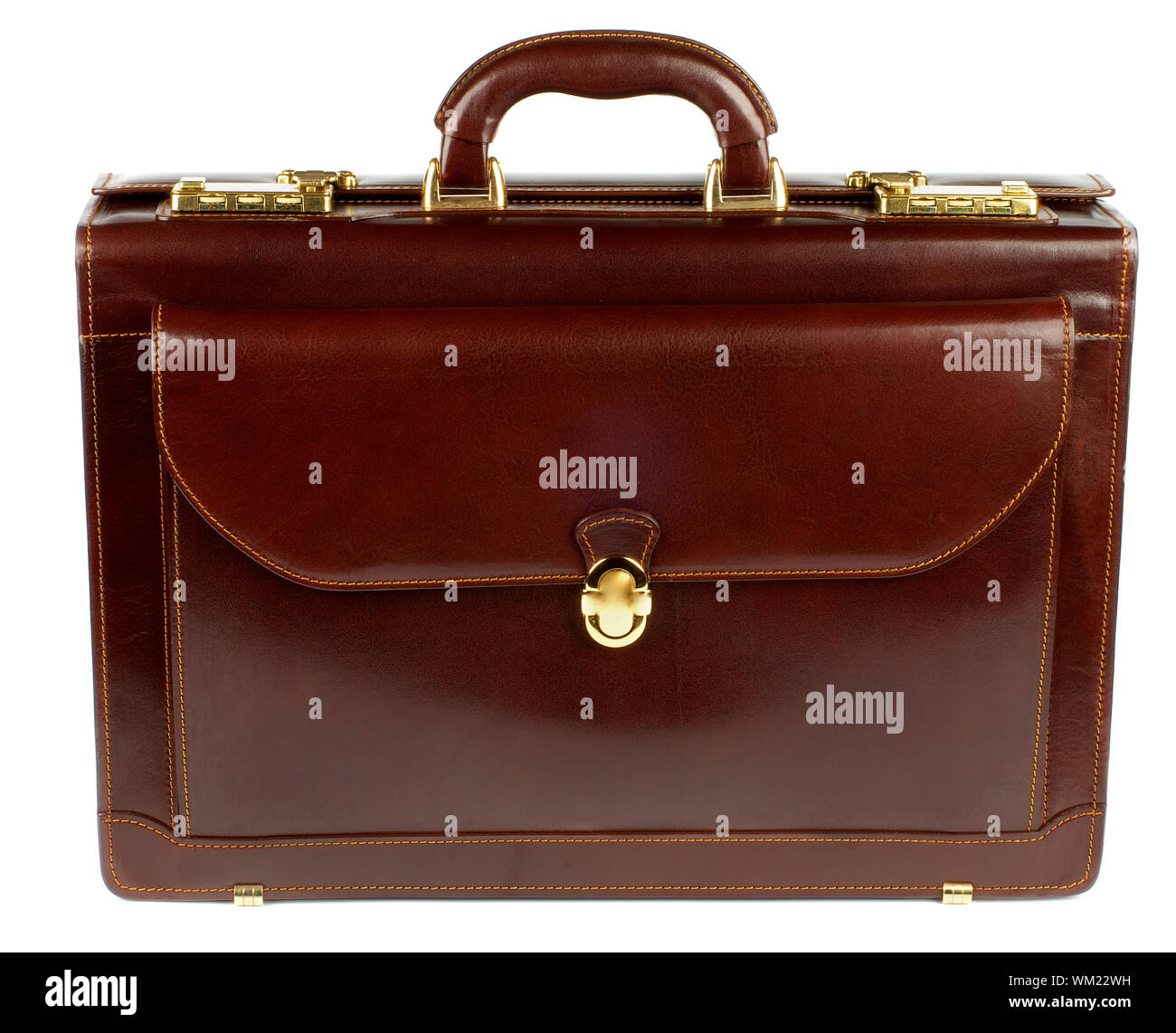 Brown Leather Briefcase with Pocket and Gold Details isolated on white background Stock Photo