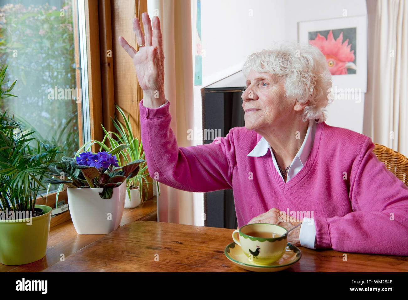 Elderly lonely woman saying goodbye to people outside Stock Photo