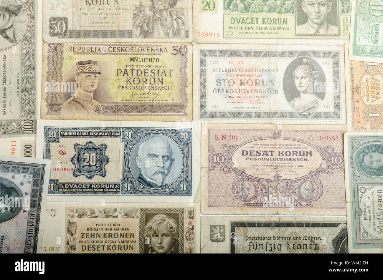 Old Czech banknotes, money background, all real money Stock Photo