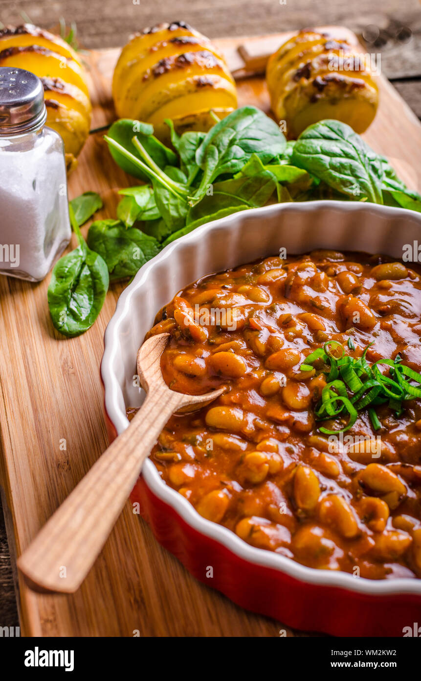Spicy cowboy beans with chilli, jalapeno, scallions and bacon