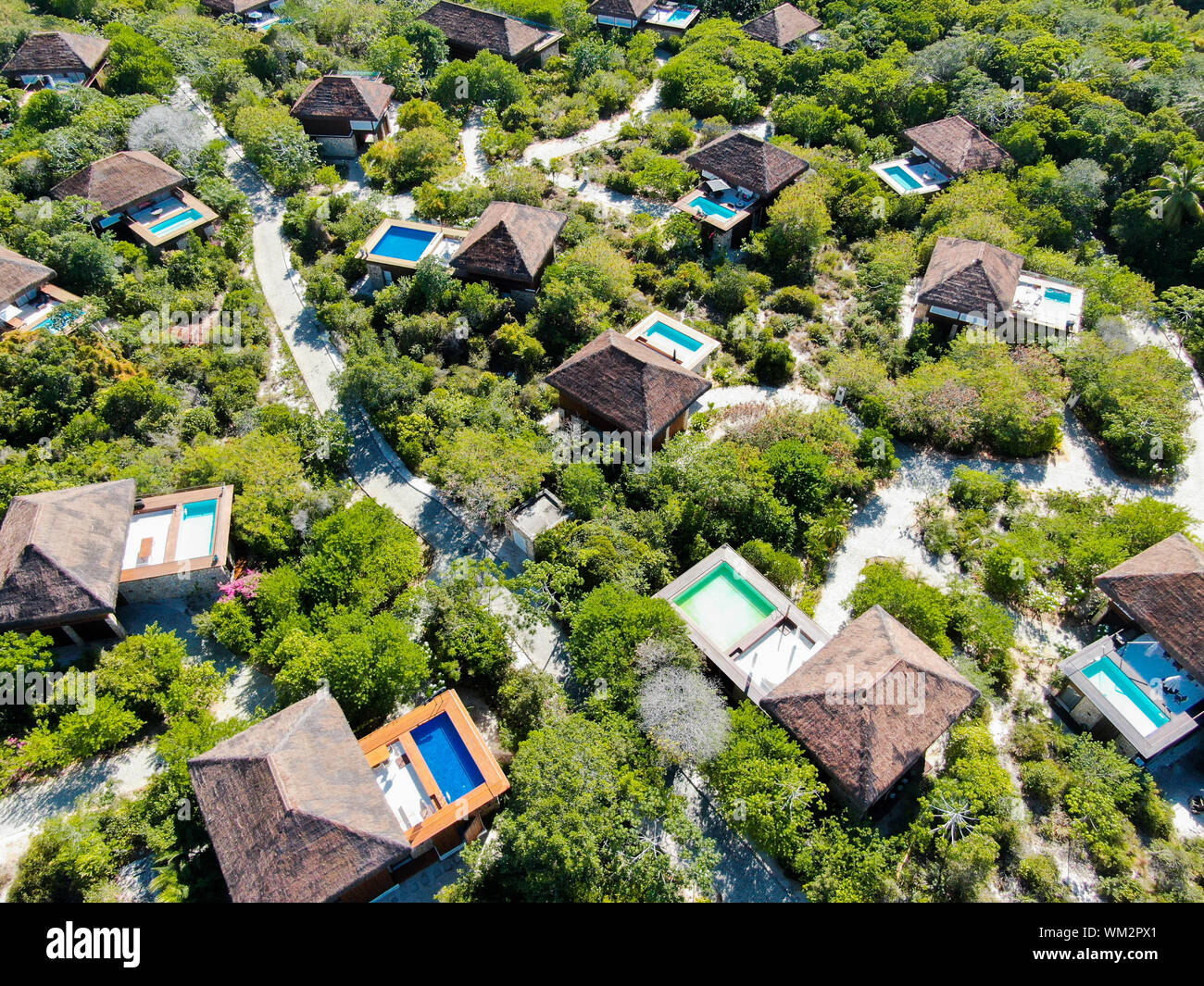 Aerial view of luxury villa with swimming pool in tropical forest ...