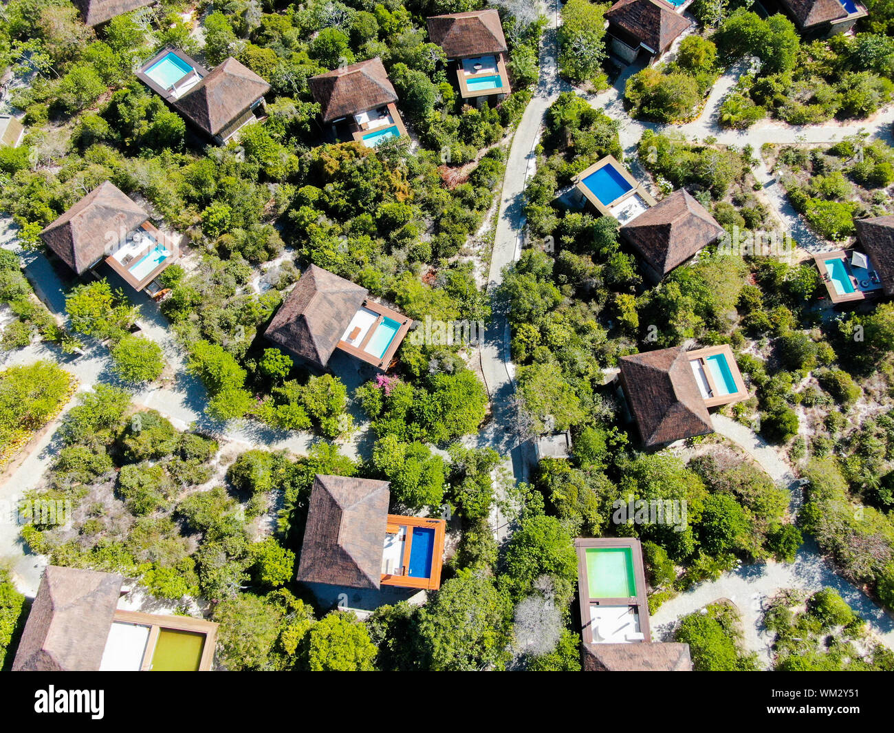 Aerial view of luxury villa with swimming pool in tropical forest ...