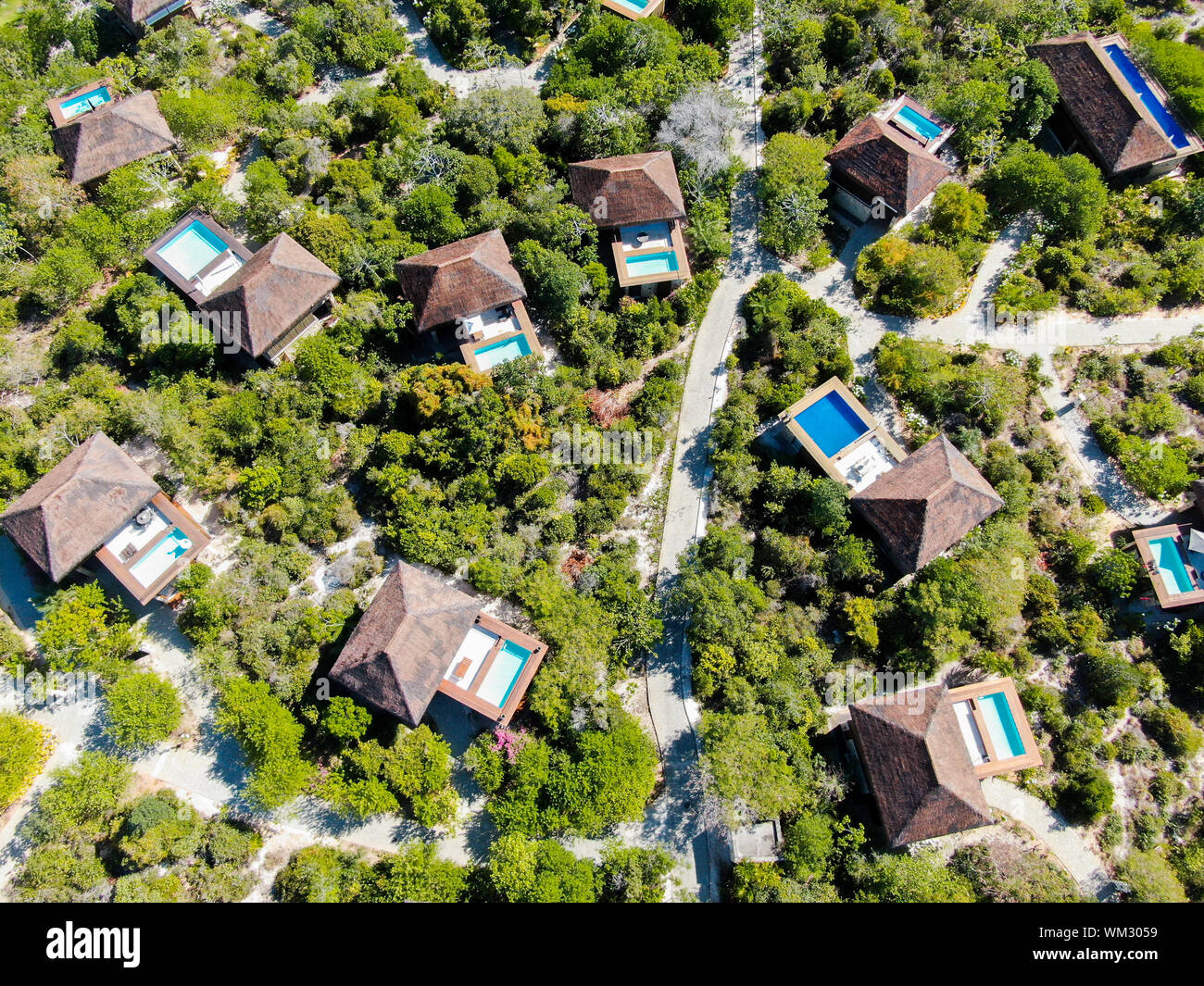 Aerial view of luxury villa with swimming pool in tropical forest. Private tropical villa with swimming pool among tropical garden with palm trees Stock Photo