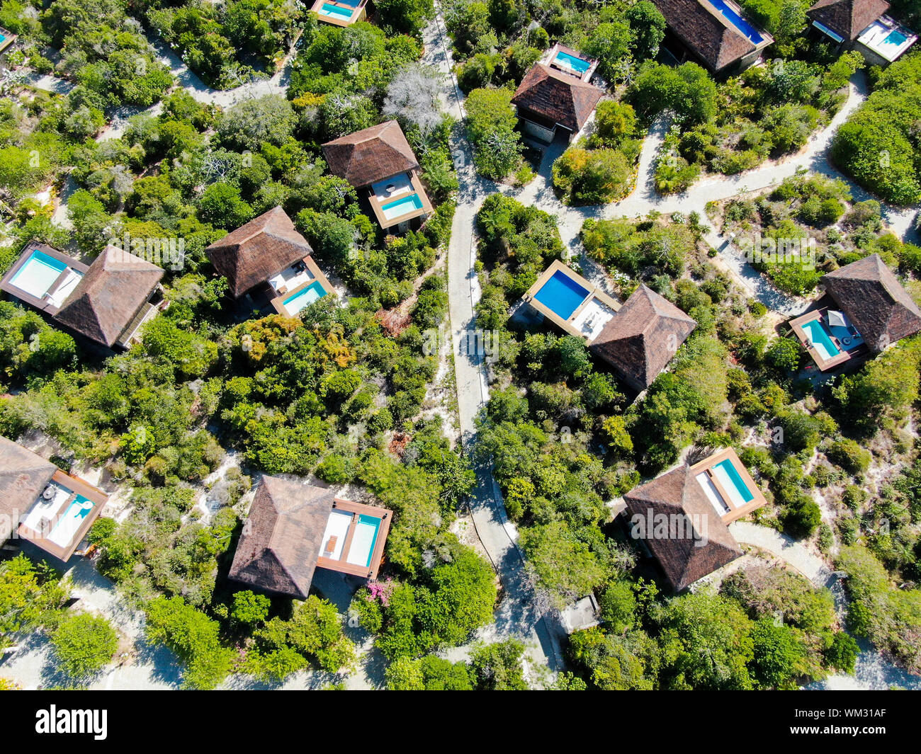 Aerial view of luxury villa with swimming pool in tropical forest ...