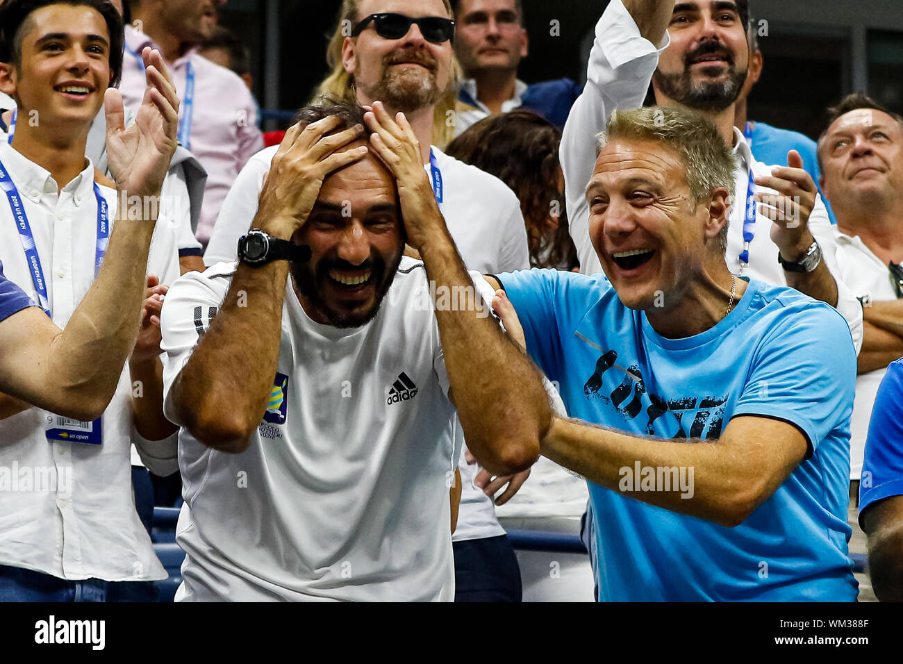 New York, USA. 04th Sep, 2019. Vincenzo Santopadre, Matteo Berrettini's  coach, celebrates the win of Matteo Berretini of Italy against Gael Monfils  of France with a score of3-6, 6-3, 6-2, 3-6, 7-6