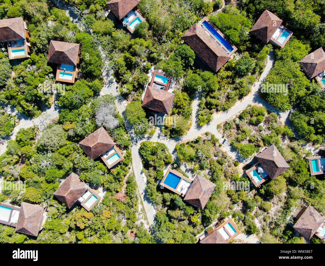 Aerial view of luxury villa with swimming pool in tropical forest. Private tropical villa with swimming pool among tropical garden with palm trees Stock Photo