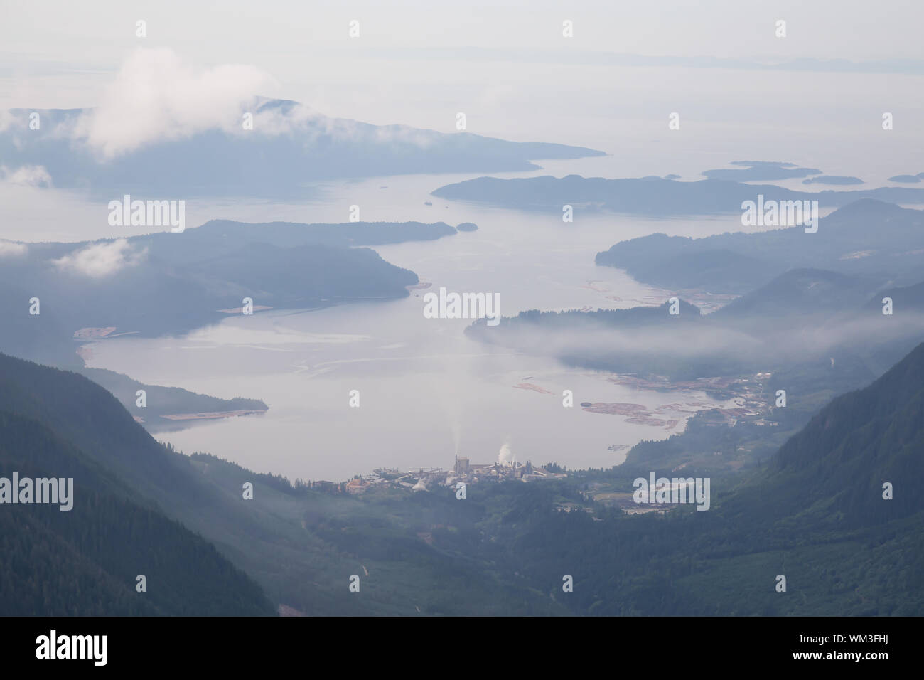Aerial View of an Industrial Site in Howe Sound during a cloudy and