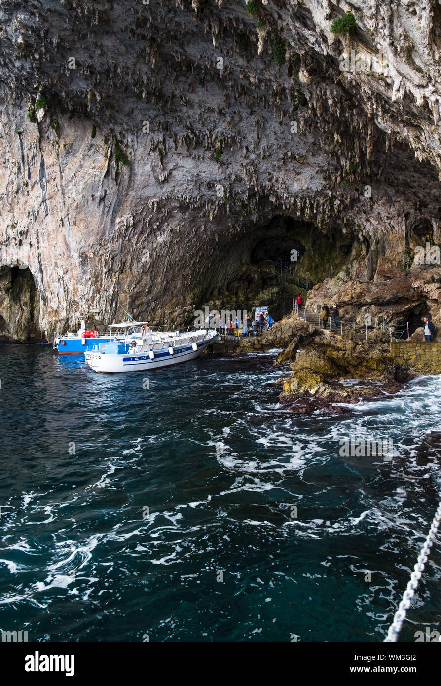 Boats Moored By Cave At Castro Marina In Santa Maria Di Leuca Stock Photo