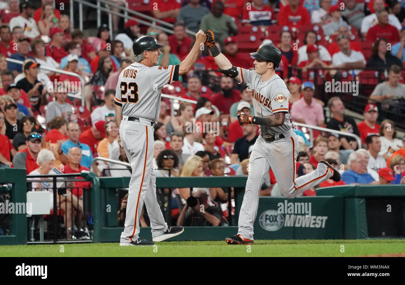 St. Louis, United States. 04th Sep, 2019. San Francisco Giants Mike Yastrzenski bumps fists with third base coach Ron Wotus after hitting a solo home run in the third inning against the St. Louis Cardinals at Busch Stadium in St. Louis on Wednesday, September 4, 2019. Credit: UPI/Alamy Live News Stock Photo
