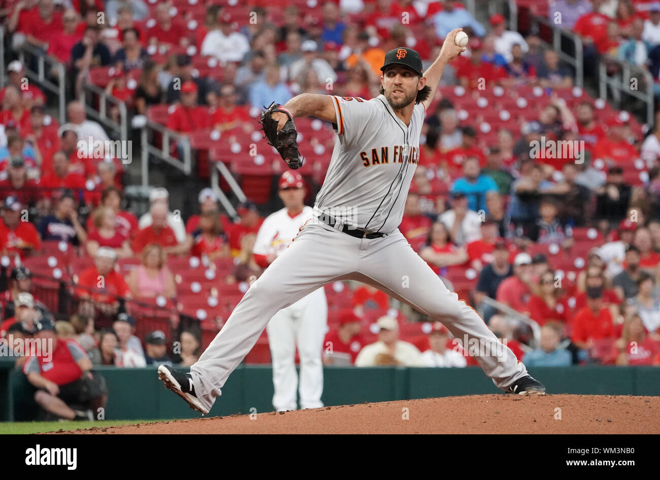 St. Louis, United States. 04th Sep, 2019. San Francisco Giants starting pitcher Madison Bumgarner delivers a pitch to the St. Louis Cardinals in the first inning at Busch Stadium in St. Louis on Wednesday, September 4, 2019. Photo by Bill Greenblatt/UPI Credit: UPI/Alamy Live News Stock Photo