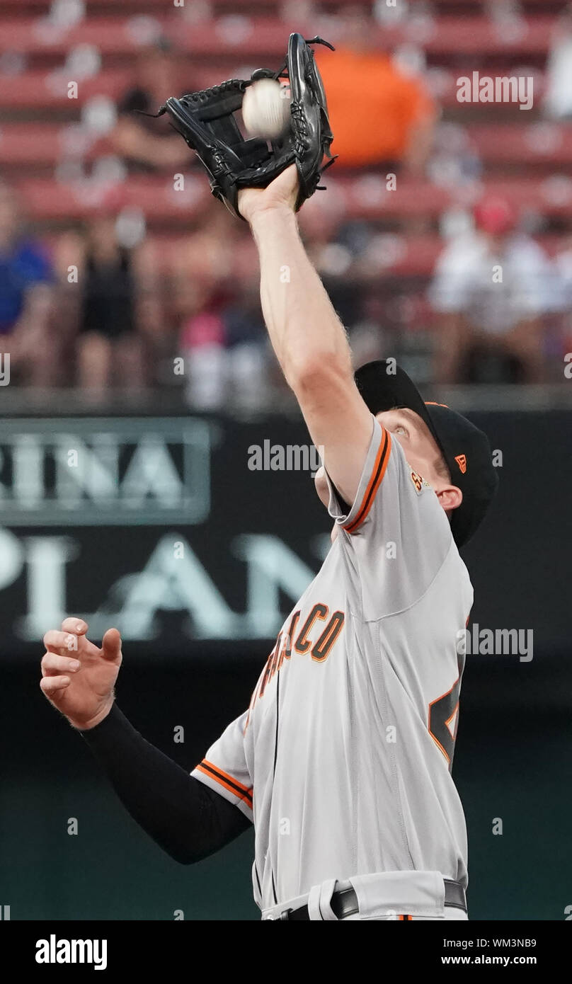 St. Louis, United States. 04th Sep, 2019. San Francisco Giants Corban Joseph makes a catch on a ball for an out, off the bat of St. Louis Cardinals Paul Goldschmidt, in the first inning at Busch Stadium in St. Louis on Wednesday, September 4, 2019. Photo by Bill Greenblatt/UPI Credit: UPI/Alamy Live News Stock Photo
