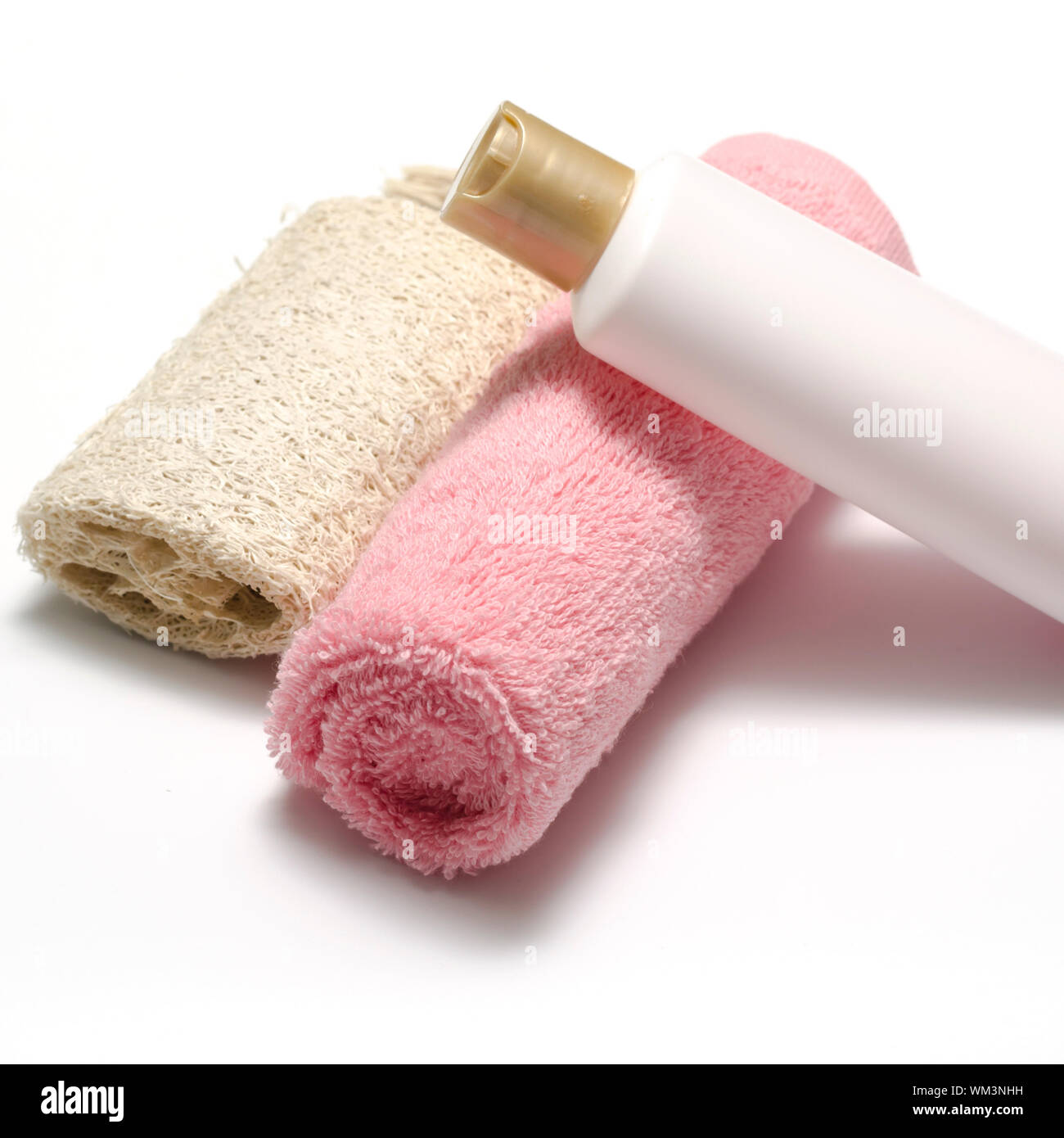 liquid soap loofah and towel Stock Photo Alamy
