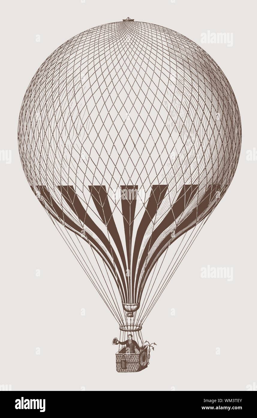 Historic balloon flying with one men on board. lllustration after a lithography from the 19th century. Editable in layers Stock Vector