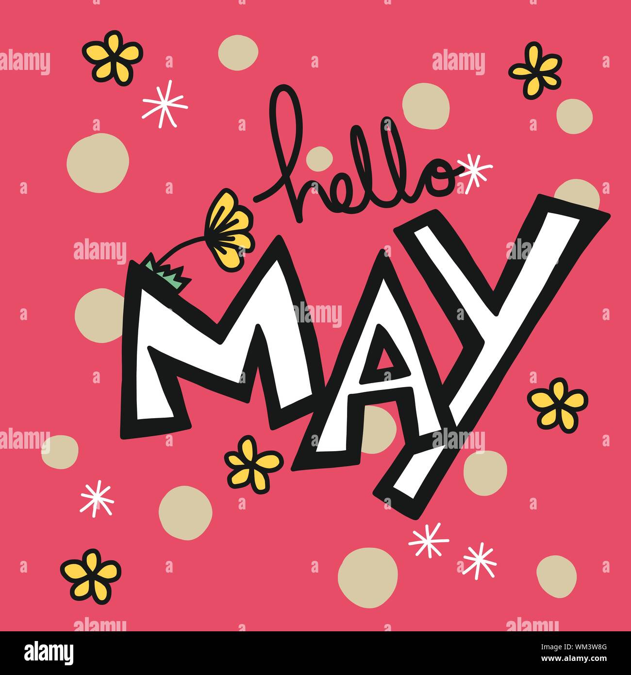 Hello May word and pink small flower vector illustration Stock Vector
