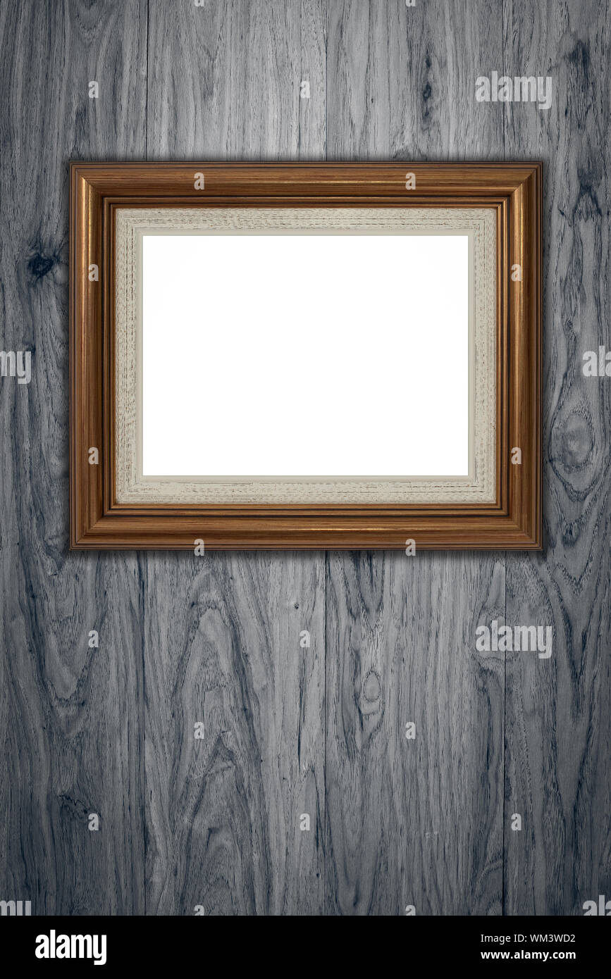 Old picture frame on vintage wood wall Stock Photo - Alamy