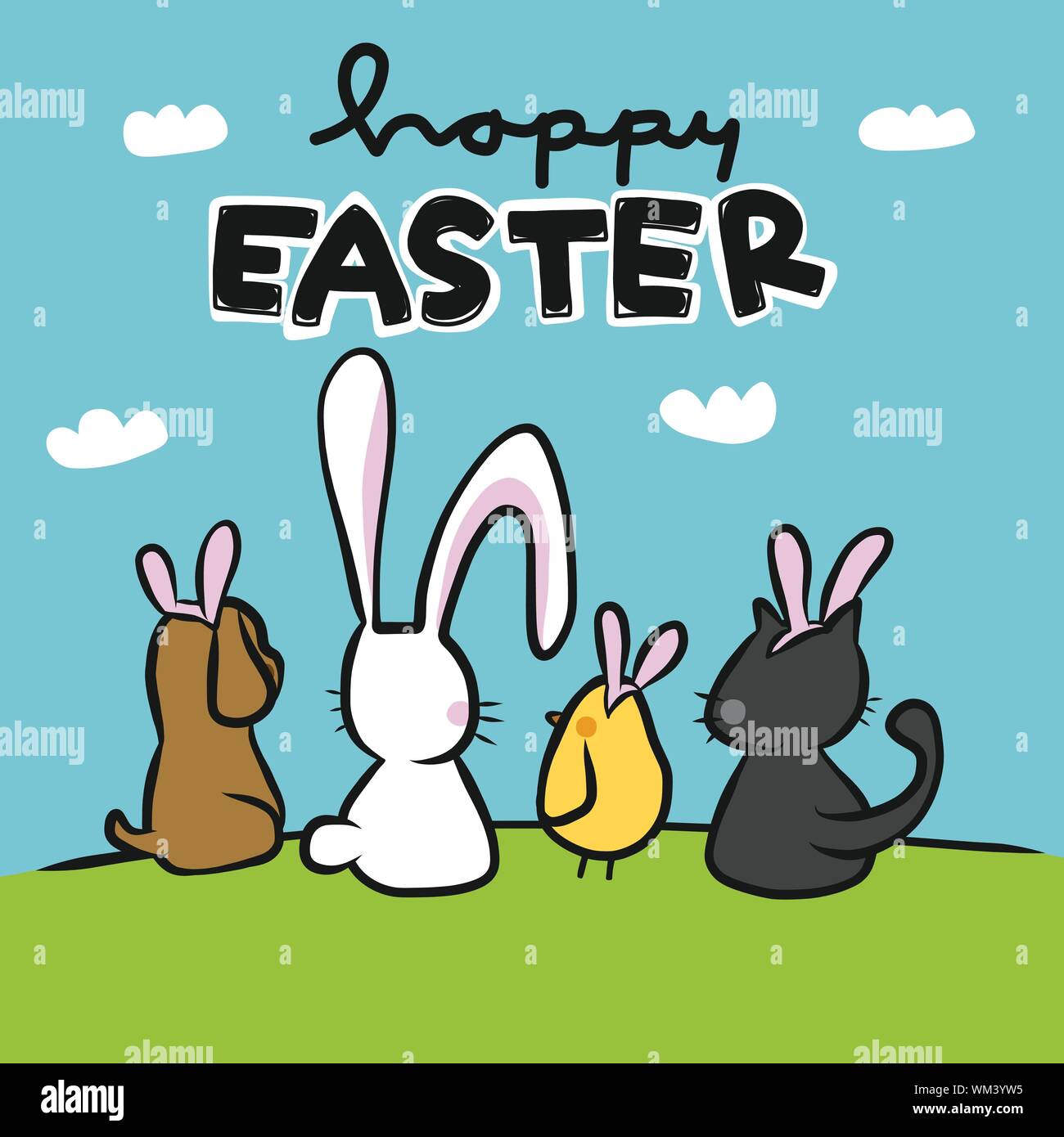 Happy Easter cute animal friends wear rabbit ear looking to sky ...
