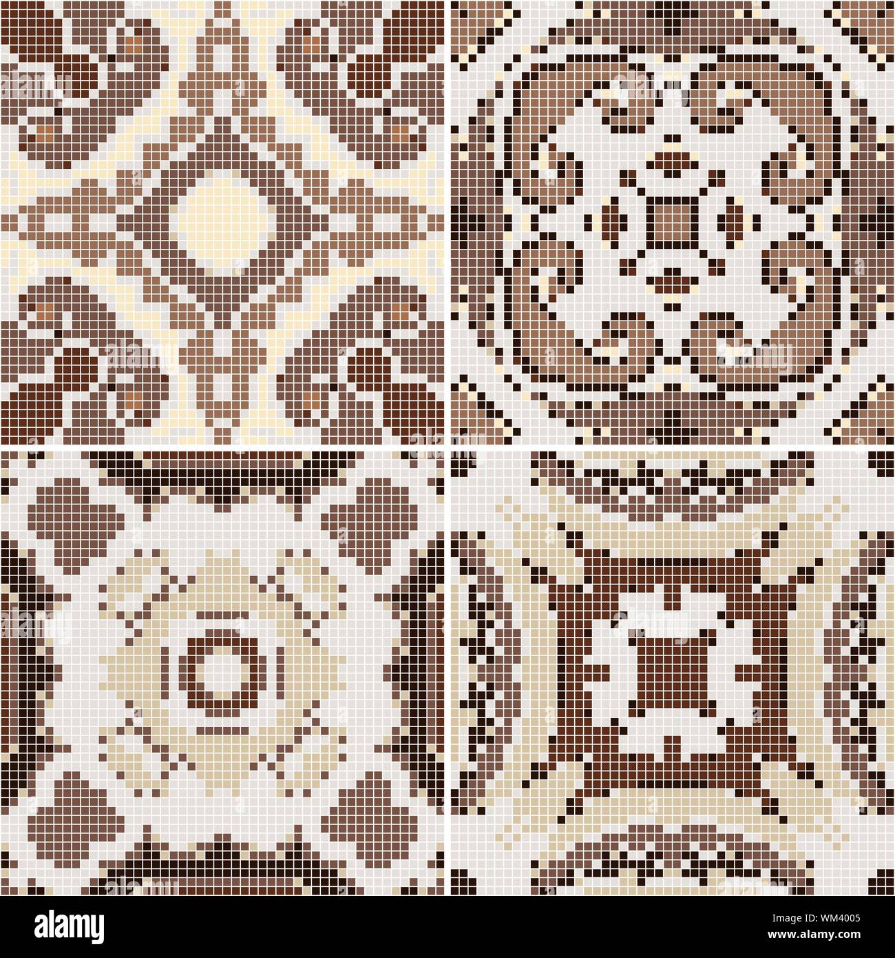 A collection of ceramic tiles in brown retro colors. A set of square patterns in ethnic style. Vector illustration. Stock Vector