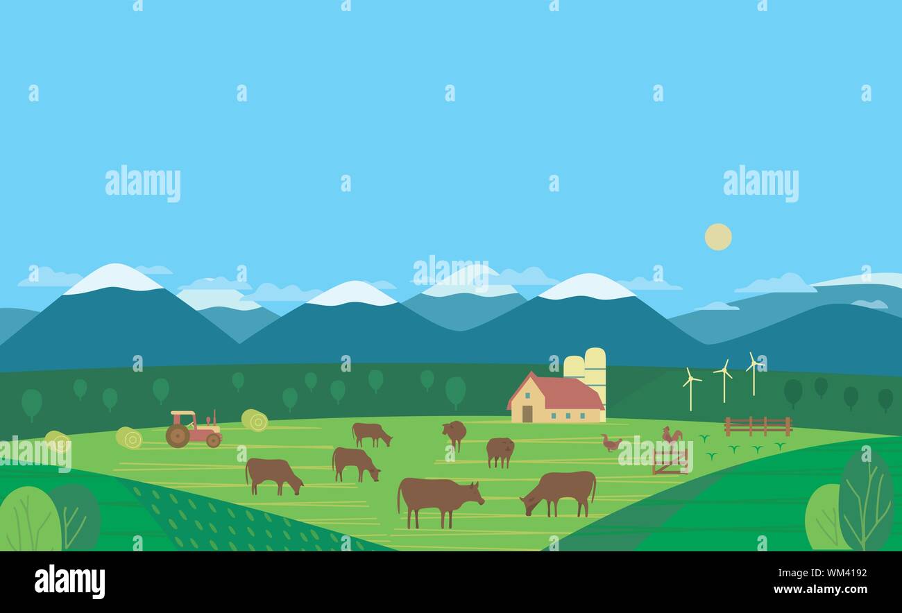 Hand drawn rural nature landscape cows farm Stock Vector Image & Art ...
