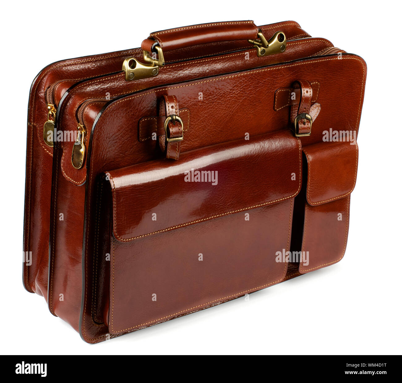 Ginger Shiny Leather Briefcase with Pockets, Bronze Details and Fasteners isolated on white