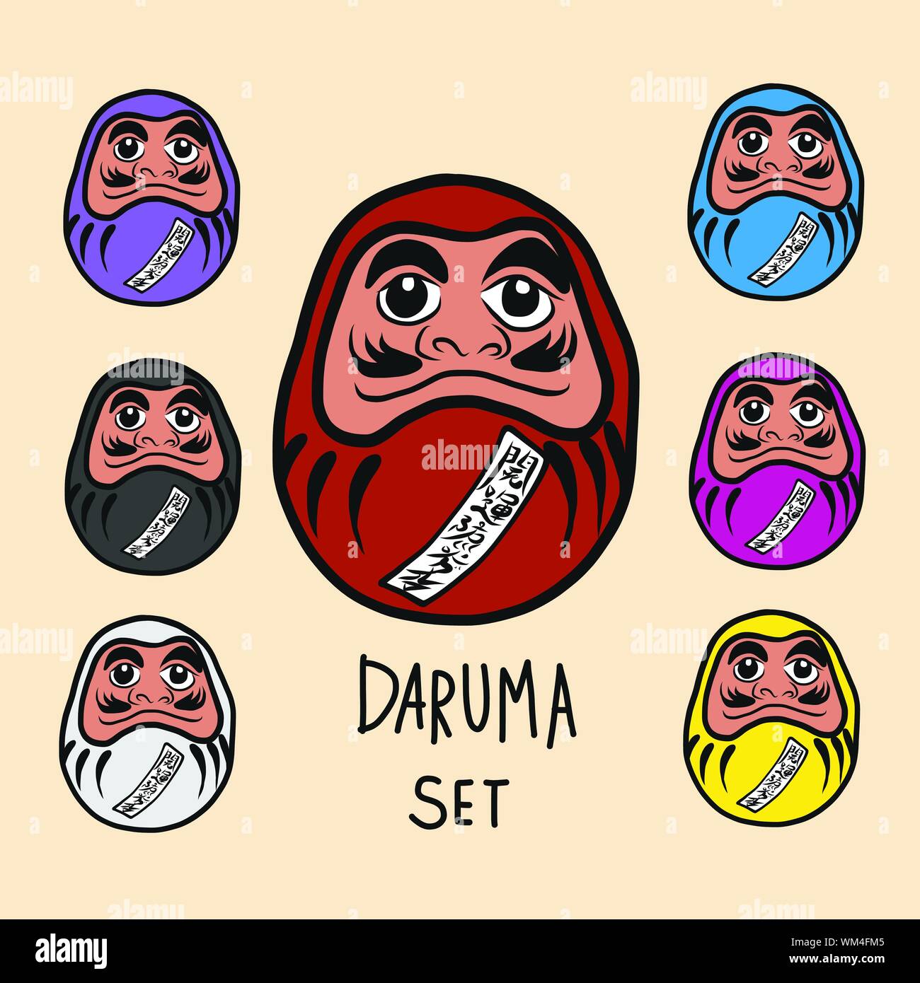 Cute daruma with japanese word happiness cartoon Vector Image