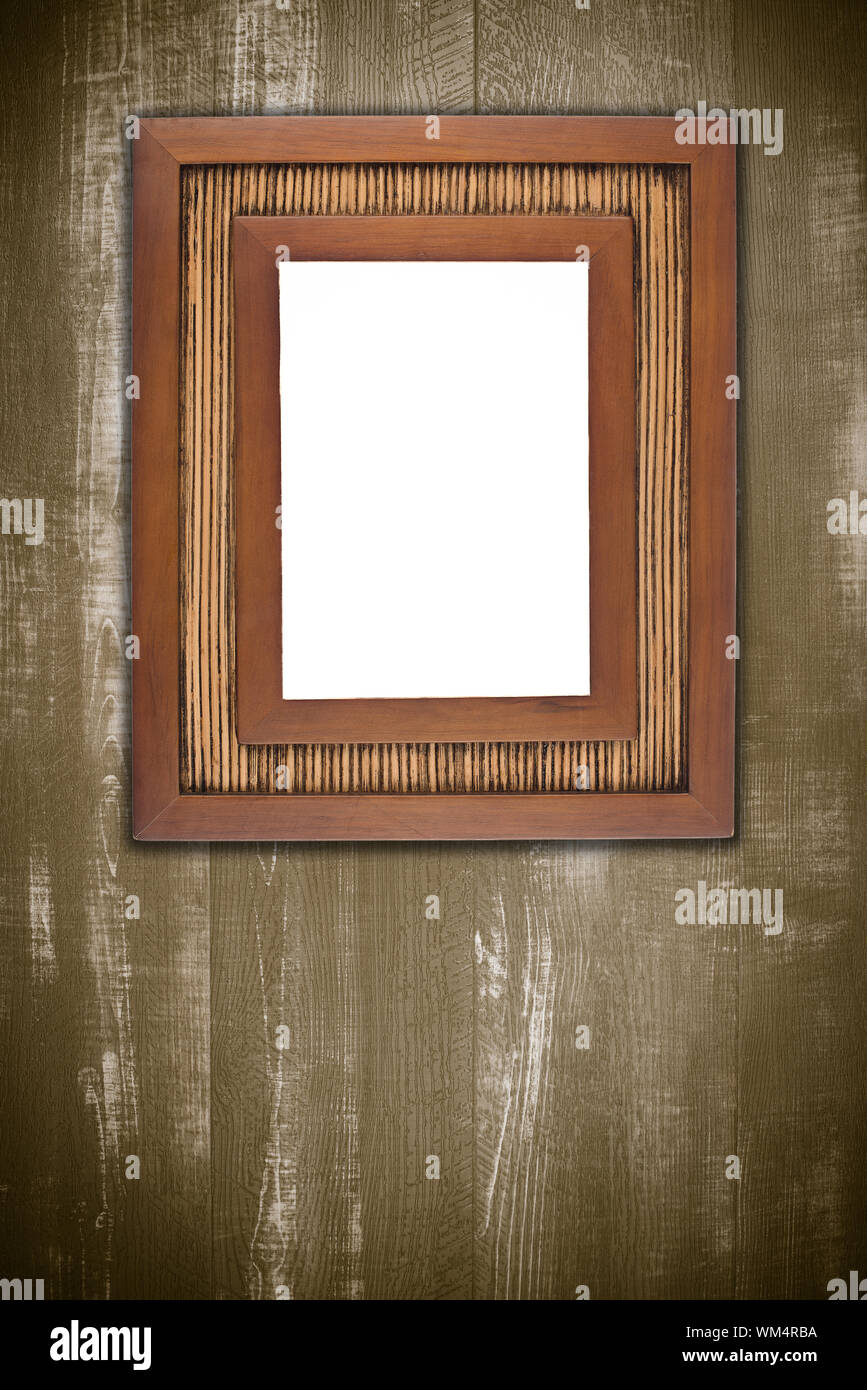Old picture frame on vintage wood wall Stock Photo - Alamy