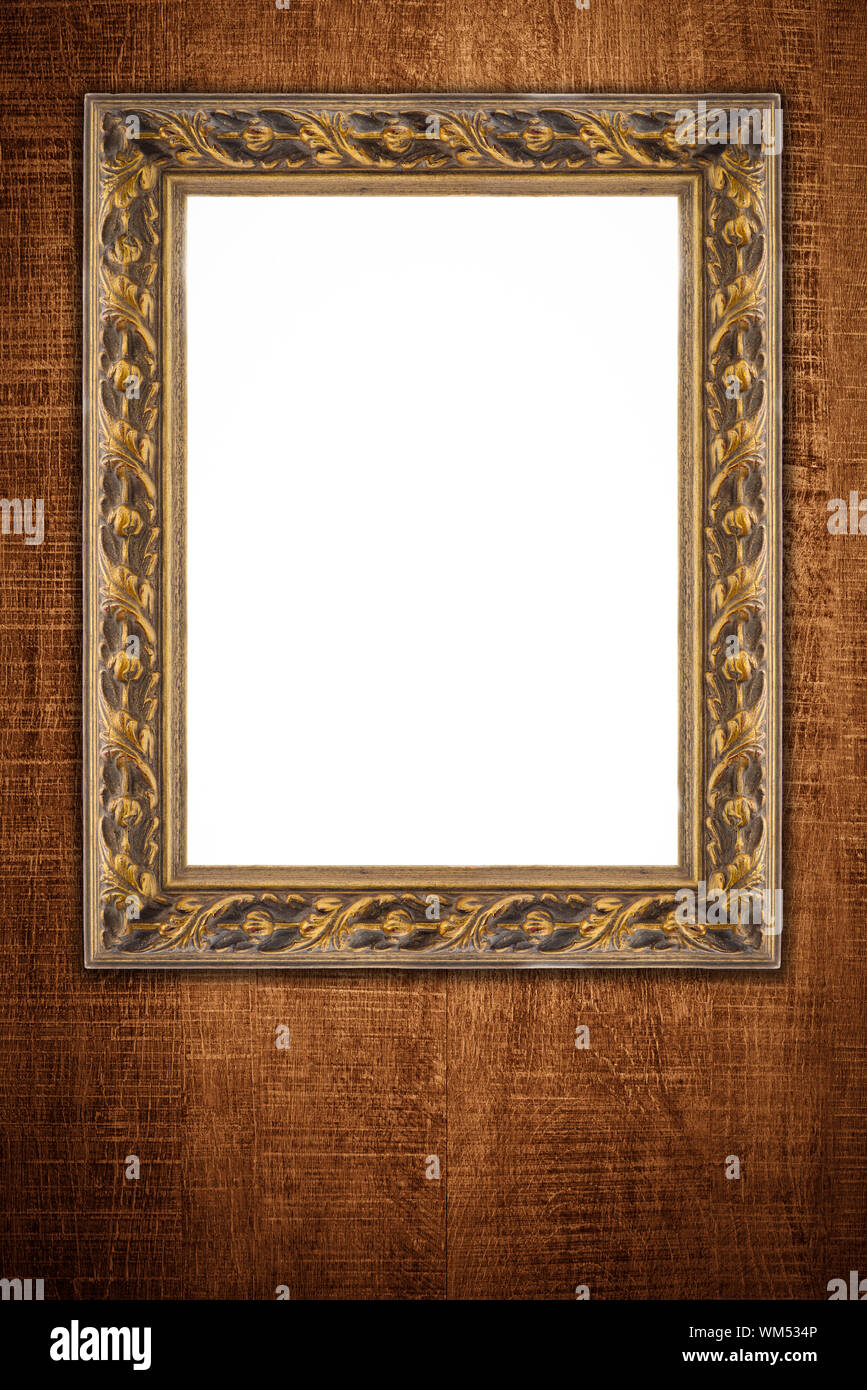 Old picture frame on vintage wood wall Stock Photo - Alamy