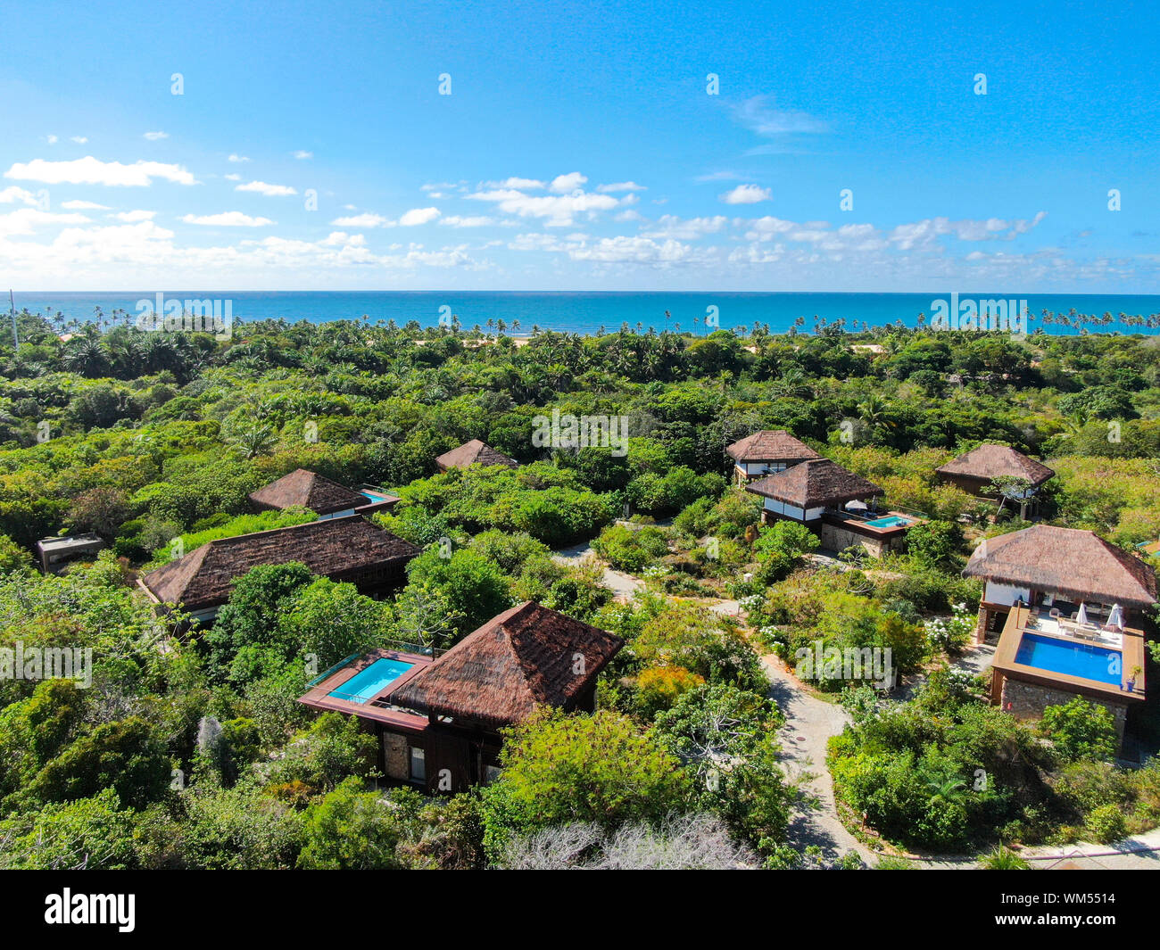 Aerial view of luxury villa with swimming pool in tropical forest. Private tropical villa with swimming pool among tropical garden with palm trees Stock Photo