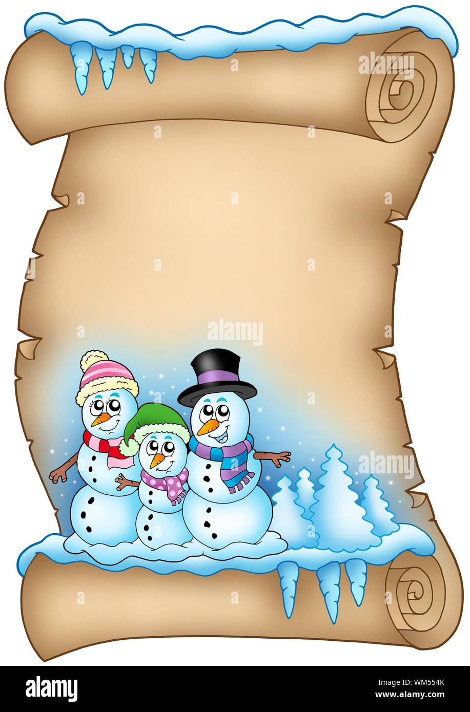 Winter parchment with snowman family color illustration Stock Photo