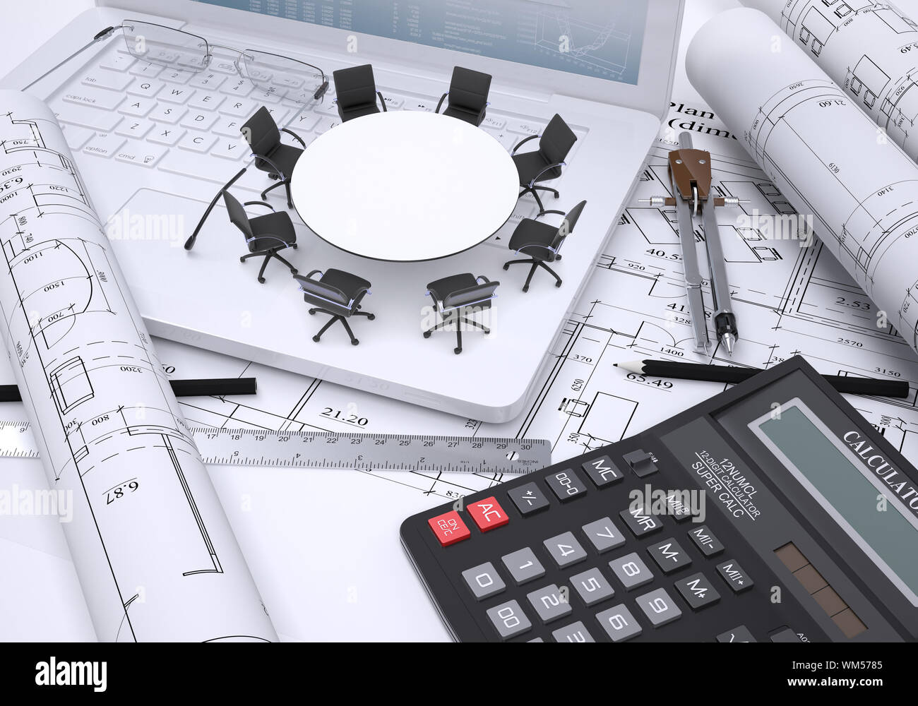 Computer Table Architecture Drawing Miniature round table with chairs placed on laptop, calculator and a ...