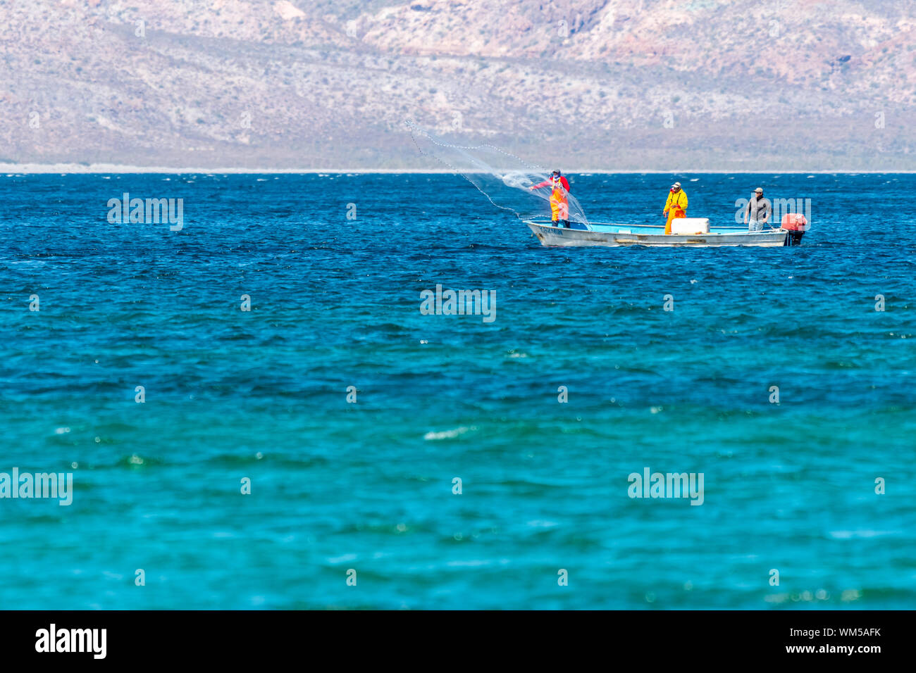 Fishermen in a small boat casting a fishing net in Baja California Sur
