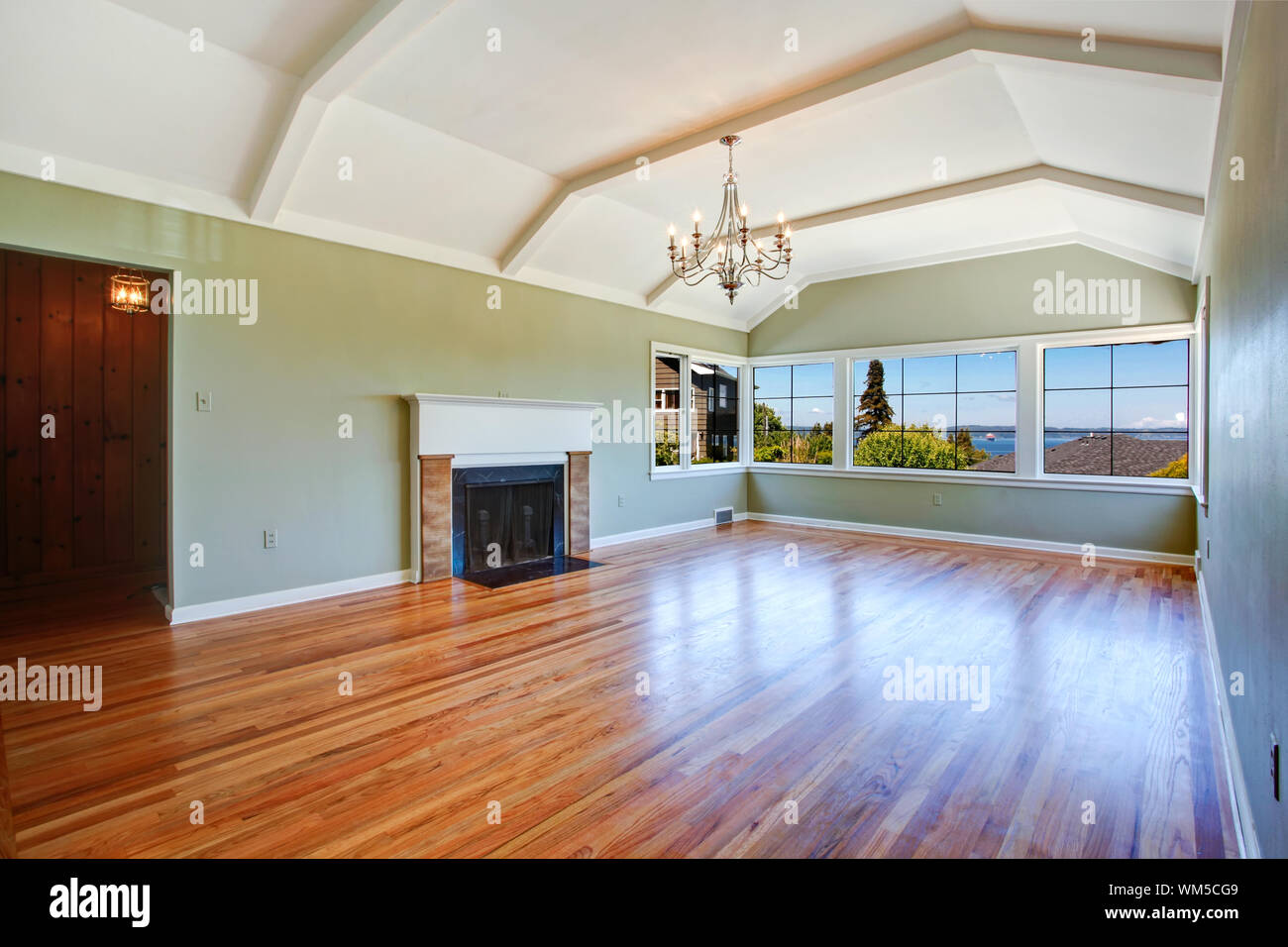 Empty Specious Living Room Interior With Vaulted Ceiling
