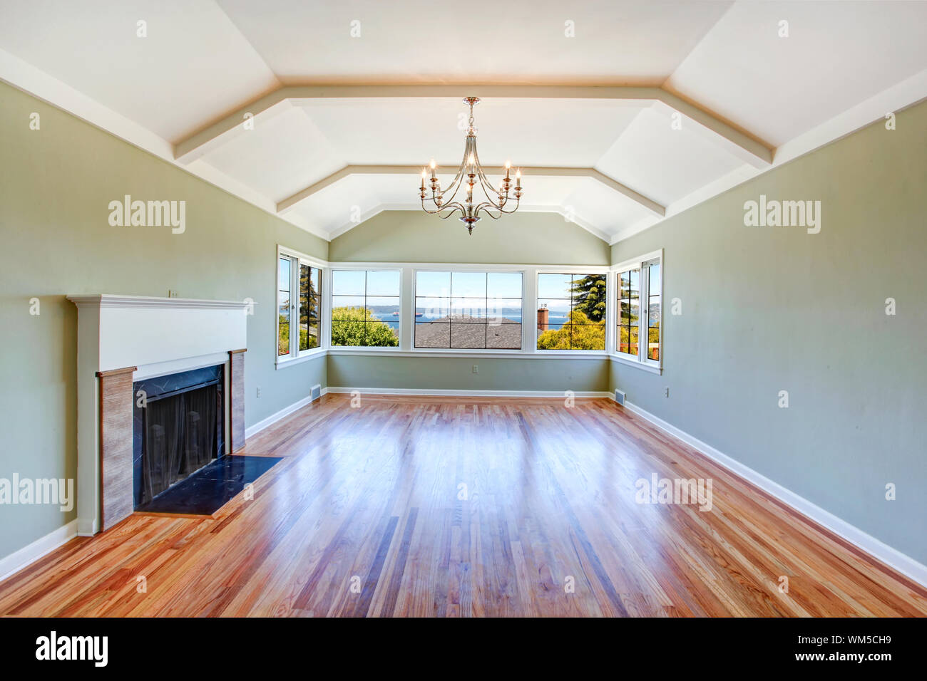 Empty Specious Living Room Interior With Vaulted Ceiling