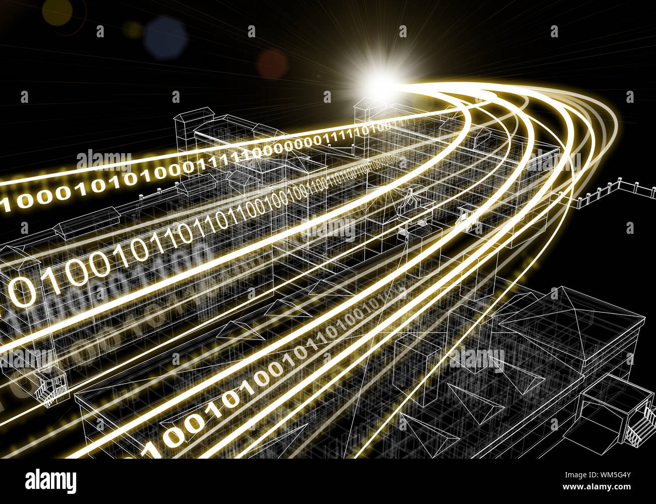 Wire-frame building, light beams with inscribed binary code, on dark ...